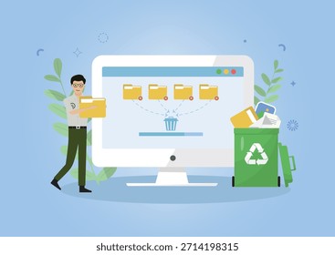 Homem fazendo limpeza digital no computador desktop. Man carregando pastas, tela da área de trabalho excluindo arquivos para lixo e lixeira verde com documentos. Conceito de dia de limpeza digital. Ilustração vetorial