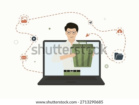 Man doing digital cleanup on laptop. Flat digital cleanup concept with man holding trash bin and file icons connected by dashed line, ideal for tutorials or tech campaigns. Vector illustration