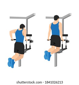 Man doing dips on parallel bars in the gym exercise. Flat vector illustration isolated on white background