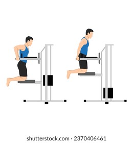 Man doing dips on parallel bars in the gym exercise. Flat vector illustration isolated on white background