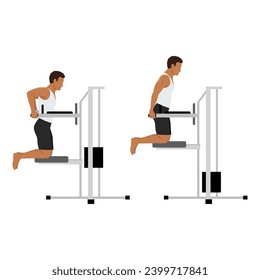 Man doing dips on parallel bars in the gym exercise. Flat vector illustration isolated on white background