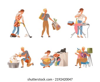 Man Doing Domestic Chores and Housekeeping Shopping and Vacuum Cleaning Vector Set