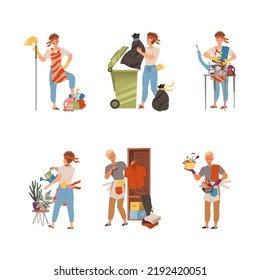 Man Doing Domestic Chores and Housekeeping Watering Flower and Washing Dishes Vector Set