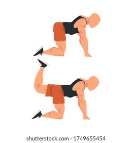 Man Doing Donkey Kicks Exercise in Two Steps, Male Athlete Doing Sports for Fit Body, Buttock Workout Vector Illustration on White Background