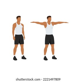 Man doing Double arm side or lateral raises exercise. Raise both arms laterally until horizontal. Flat vector illustration isolated on white background