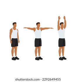 Man doing double arm side or lateral raises to overhead extension exercise. Flat vector illustration isolated on white background