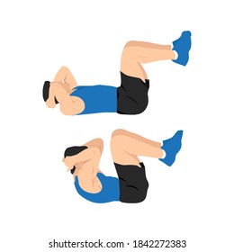 Man doing double crunches.Abdominals exercise. Flat vector illustration isolated on white background.