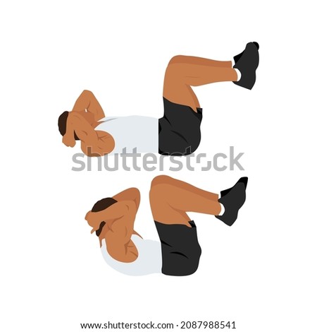 Man doing double crunches.Abdominals exercise. Flat vector illustration isolated on white background.Editable file with layers