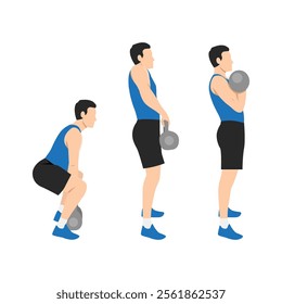 Man doing Double kettlebell dead clean exercise. Flat vector illustration isolated on white background