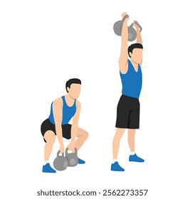 Man doing Double kettlebell dead snatch exercise. Flat vector illustration isolated on white background