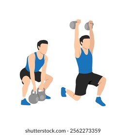 Man doing Double kettlebell dead split snatch exercise. Flat vector illustration isolated on white background