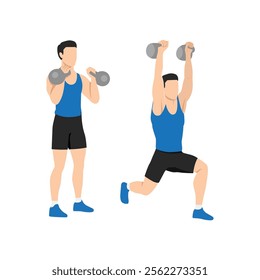 Man doing Double kettlebell split jerk exercise. Flat vector illustration isolated on white background