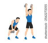 Man doing Double kettlebell swing snatch exercise. Flat vector illustration isolated on white background