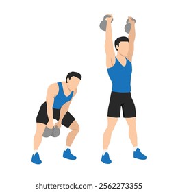 Man doing Double kettlebell swing snatch exercise. Flat vector illustration isolated on white background