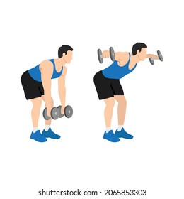 Man doing Dumbbell bent over lateral rear delt raises. Flyes exercise. Flat vector illustration isolated on white background