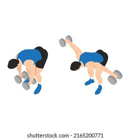 Hombre haciendo Dumbbell inclinándose sobre la vista lateral de la cima. Ejercicio Flyes. Ilustración vectorial plana aislada en fondo blanco