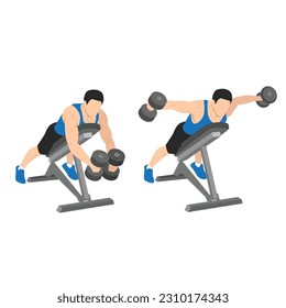 Hombre haciendo que Dumbbell se doblara sobre el pecho apoyándose en los grillos de marcha atrás. Ilustración vectorial plana aislada en fondo blanco 