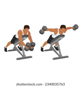 Hombre haciendo que Dumbbell se doblara sobre el pecho apoyándose en los grillos de marcha atrás. Ilustración vectorial plana aislada en fondo blanco