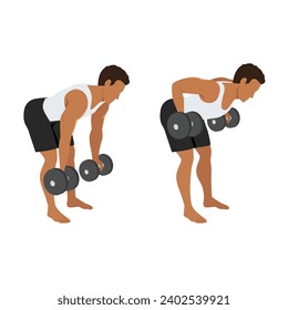 Mann, der Dumbell macht, beugte sich über die Übung in den rückwärtsgerichteten Griffreihen. Flache Vektorgrafik einzeln auf weißem Hintergrund