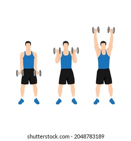 Man Doing Dumbbell Biceps Curl To Shoulder Press Exercise. Flat Vector Illustration Isolated On White Background