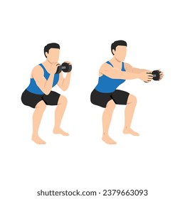 Man doing dumbbell chest press squat exercise. Flat vector illustration isolated on white background