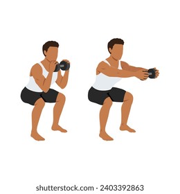 Man doing dumbbell chest press squat exercise. Flat vector illustration isolated on white background