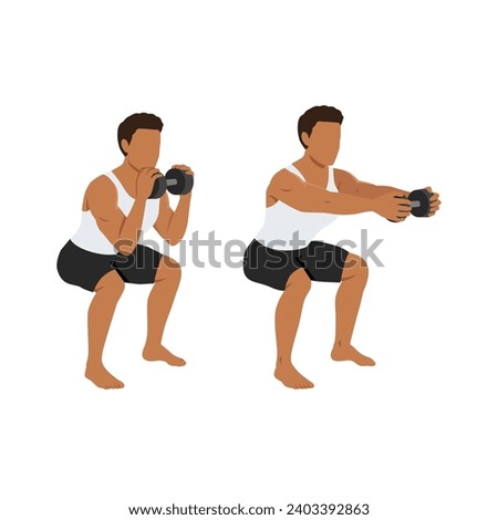 Man doing dumbbell chest press squat exercise. Flat vector illustration isolated on white background