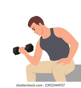 Man doing Dumbbell concentration curl. Flat vector illustration isolated on white background