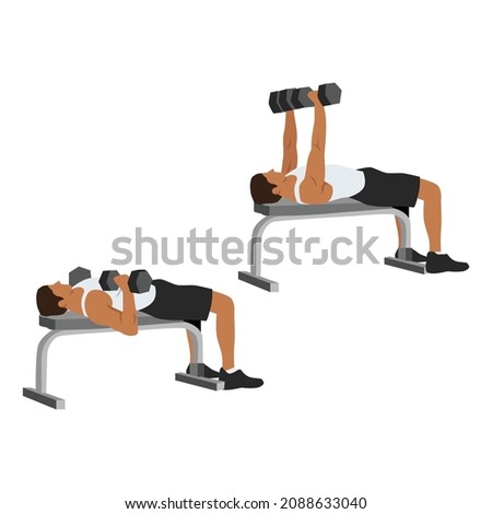 Man doing dumbbell flat bench press. Chest exercise flat vector illustration