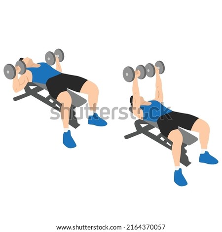Man doing dumbbell flat bench press. Chest exercise flat vector illustration isolated on white background