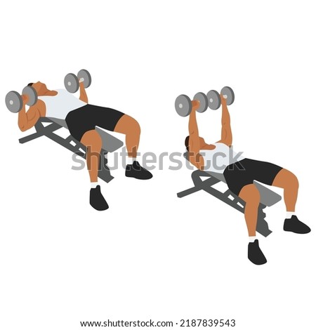 Man doing dumbbell flat bench press. Chest exercise flat vector illustration isolated on white background