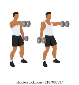 Man doing Dumbbell front raise exercise. Flat vector illustration isolated on white background