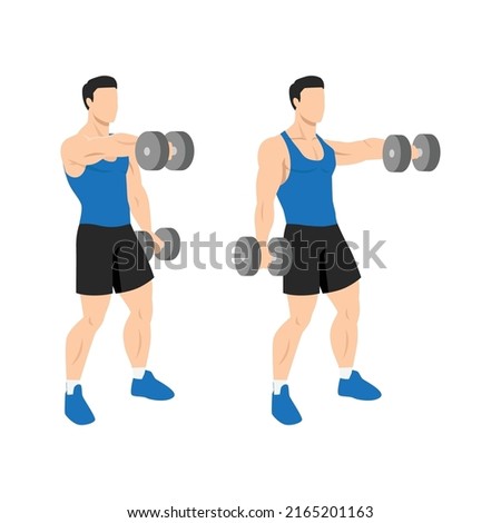 Man doing Dumbbell front raise exercise. Flat vector illustration isolated on white background