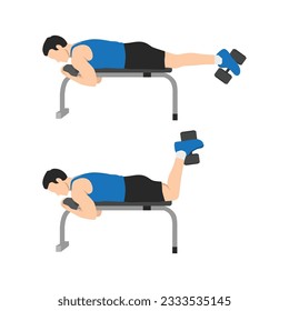 Man doing Dumbbell Hamstring Curl on Bench exercise. Flat vector illustration isolated on white background