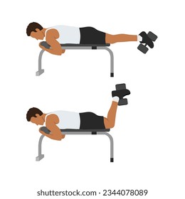 Man doing Dumbbell Hamstring Curl on Bench exercise. Flat vector illustration isolated on white background