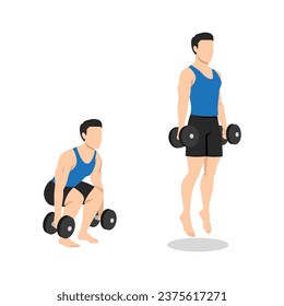 Man doing Dumbbell Jump squat exercise. Flat vector illustration isolated on white background