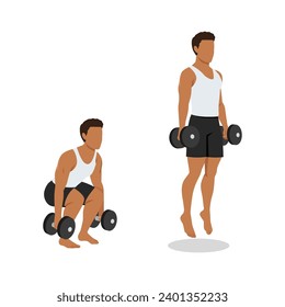Man doing Dumbbell Jump squat exercise. Flat vector illustration isolated on white background
