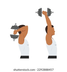 Hombre haciendo ejercicio de extensión de triceps por encima de Dumbbell. Ilustración vectorial plana aislada en fondo blanco