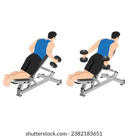 Man doing dumbbell prone incline kickbacks exercise. Flat vector illustration isolated on white background