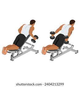 Man doing dumbbell prone incline kickbacks exercise. Flat vector illustration isolated on white background