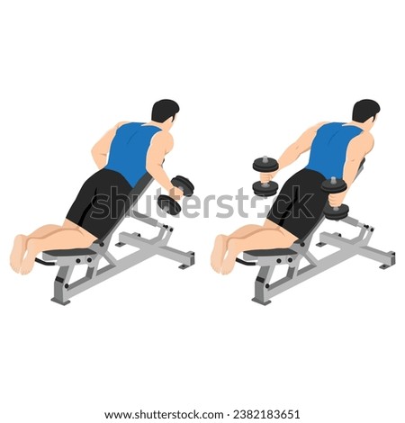 Man doing dumbbell prone incline kickbacks exercise. Flat vector illustration isolated on white background