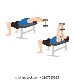 Man doing dumbbell pullover exercise. Flat vector illustration isolated on white background