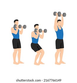 Man doing Dumbbell push and press exercise. Flat vector illustration isolated on white background