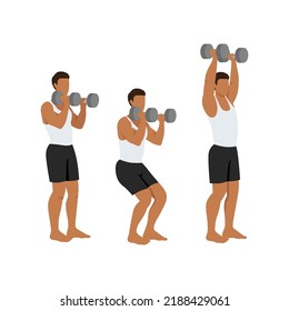 Man doing Dumbbell push and press exercise. Flat vector illustration isolated on white background