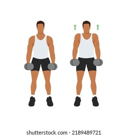 El hombre que hace Dumbbell encoge de hombros el ejercicio de vista frontal. Ilustración vectorial plana aislada en fondo blanco