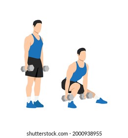 Man doing Dumbbell side lunges. Lateral lunges exercise. Flat vector illustration isolated on white background