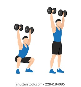 Hombre haciendo bromistas en el escudo de Dumbbell. ejercicio de prensa de sobrevuelo. Ilustración vectorial plana aislada en fondo blanco