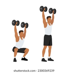 Hombre haciendo bromistas en el escudo de Dumbbell. ejercicio de prensa de sobrevuelo. Ilustración vectorial plana aislada en fondo blanco