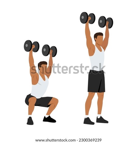 Man doing Dumbbell squat thrusters. squat to overhead press exercise. Flat vector illustration isolated on white background