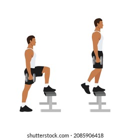 Man doing Dumbbell step ups exercise. Flat vector illustration isolated on white background